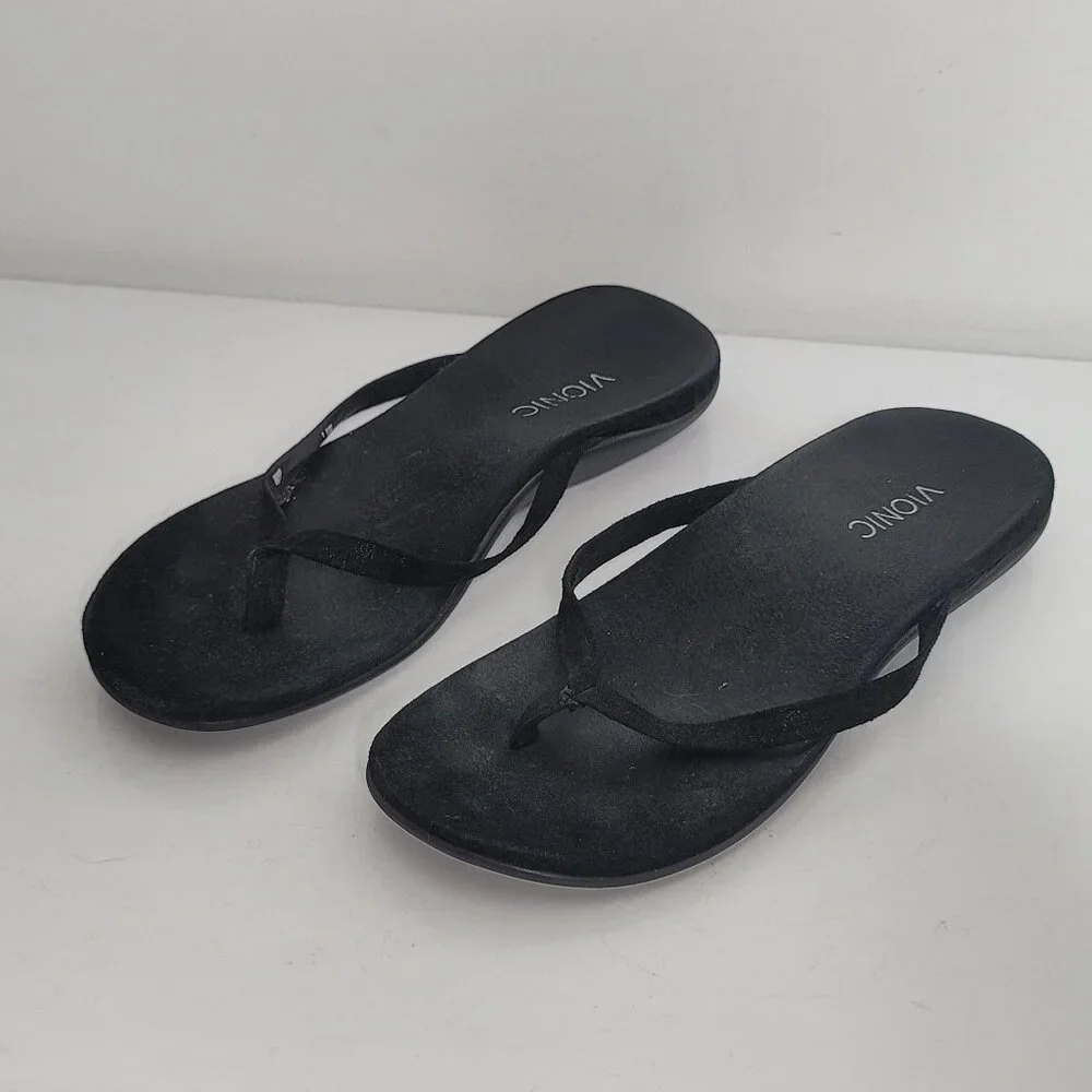 Vionic Orthaheel Womens 344 Corfu‎ Size 9 Black Velvet Thong Flip Flops Sandals